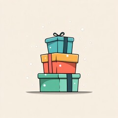 Stacked presents with ribbons and bows different colors on a beige background with white spots