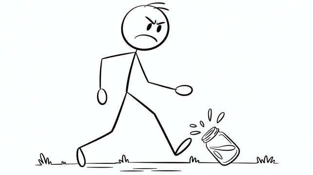 Angry stick figure man kicking a glass jar with liquid spilling out