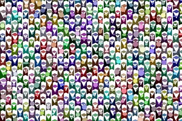 Abstract digital pattern featuring densely packed, multicolored, stylized human faces symbolizing diversity, community, and crowd movement.