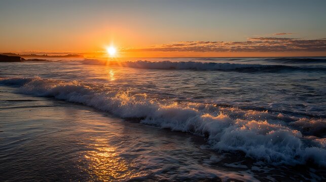 Golden sunset over the ocean waves a scenic seascape with warm light creating a peaceful and serene atmosphere at the beach