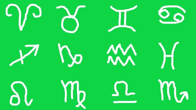 Zodiac Signs Hand Drawn Symbols on Green Screen, Chroma Key