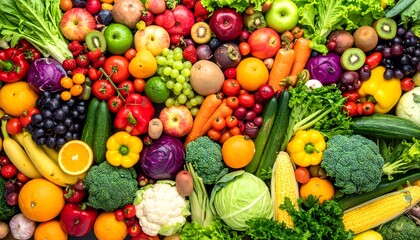 Vibrant rainbow flat lay of fresh fruits and vegetables. Colorful organic harvest background with broccoli, grapes, and cabbage for healthy diet concepts.