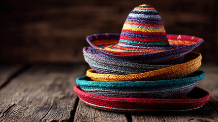 Stack of colorful Mexican hats on wooden background