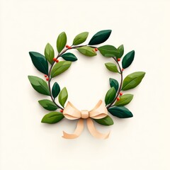 Green leaves wreath featuring small red berries and a light peach ribbon on a white background
