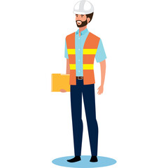 Construction Worker Holding Folder Wearing Hard Hat and Reflective Vest Standing Against White Background Full Body Shot
