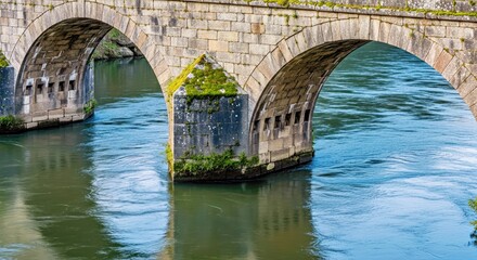 Antique Stone Bridge Arching Over a Winding River Flowing Through the Landscape