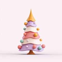 Stylized Christmas tree with pastel layers and spherical ornaments stands on a plain backdrop