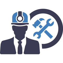 Construction Worker Icon With Tools In Circular Emblem On Transparent Background Represents Engineering and Repair Services