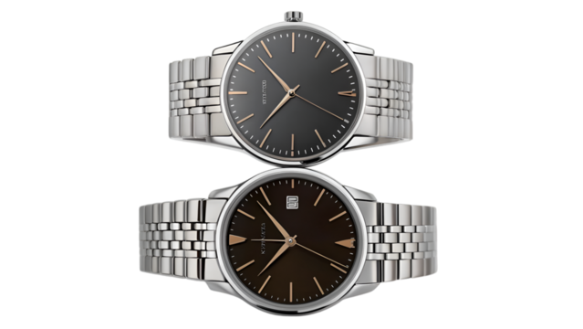 Two elegant wristwatches with metal bands against a black background
