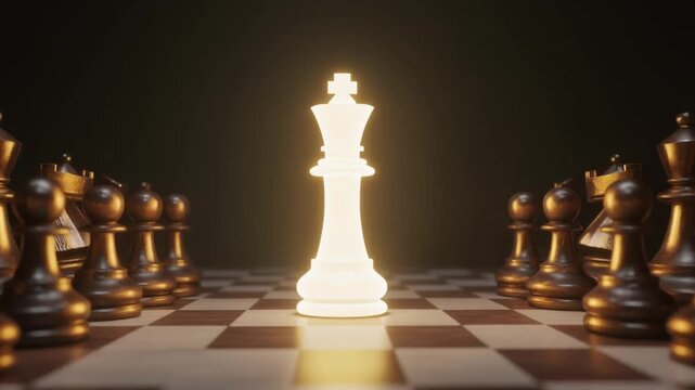 Glowing white chess queen standing out among dark pieces on a chessboard with a dramatic black background.