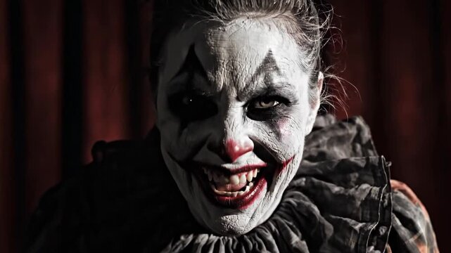 Creepy Clown Laughing Manically in a Dimly Lit Room with Dark Curtains Behind