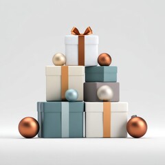 Stacked gift boxes with ribbons and metallic ornaments on a neutral surface casting soft shadows