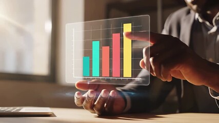 Business analytics hologram with colorful bar chart visualization. Hands interacting with transparent data interface, digital statistics dashboard, augmented reality technology, financial performance - Powered by Adobe
