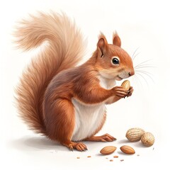 Obraz premium The Curious Squirrel: A curious squirrel, with a bushy tail, clutches a nut in its paws. Surrounded by several nuts, capturing the playful charm and details of the scene.