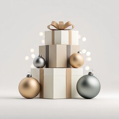Stack of gift boxes with ribbons and Christmas baubles against a blurred light background