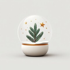 Snow globe with a green pine tree and gold stars inside sitting on a white base