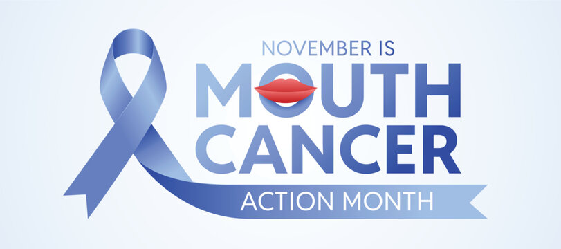 Mouth cancer action awareness - Long blue ribbon and text with mouth sign on soft blue background vector design