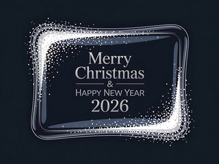 Merry Christmas and Happy New Year 2026 luxury silver glitter frame on dark navy background greeting card