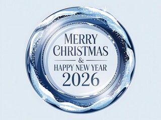 Merry Christmas and Happy New Year 2026 silver snowflake circle on light blue luxury greeting card