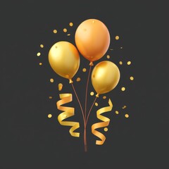 Festive arrangement of three balloons with gold ribbons and confetti against a dark gray backdrop