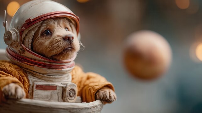 Adorable fluffy puppy astronaut exploring the cosmos with curious eyes, ready for adventure and discovery in outer space