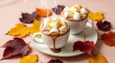 Hot chocolate with marshmallows and autumn leaves