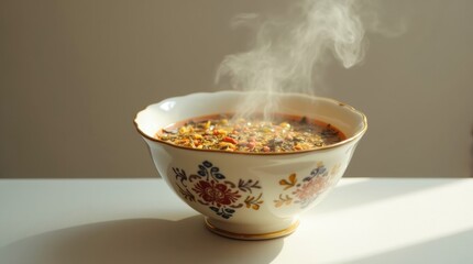Steaming bowl of hot cereal with oats and fruit in a decorative vintage teacup