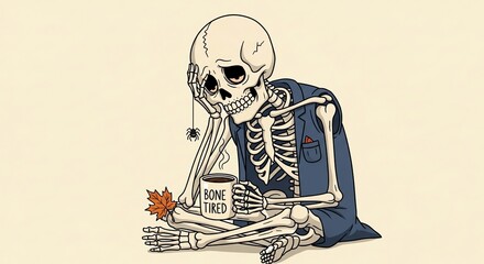 Skeleton sitting with coffee cup and leaf
