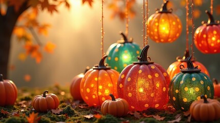 Illuminated halloween pumpkins decorating a fall scene with autumn leaves