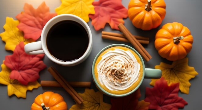 Autumn coffee cups leaves and pumpkins - Powered by Adobe