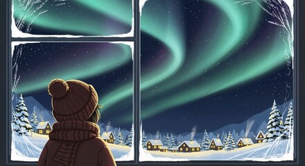 Child watching northern lights through window, festive mood, snowy landscape, cozy indoors, copy space