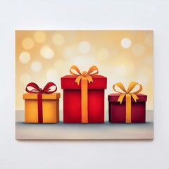 Three gift boxes red and yellow with decorative bows presented against a bokeh lit background