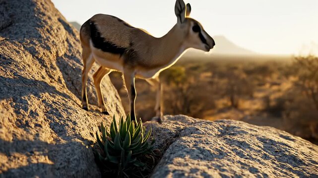 Klipspringer proudly stands on rocky outcropping amidst serene desert landscape, serene gazelles graze peacefully nearby as another bounds effortlessly over rocks, tranquil dam waters backdrop.