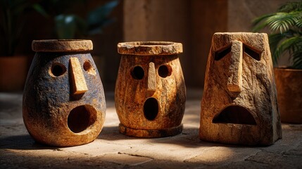 Three ancient, rustic wooden masks with expressive faces, bathed in warm sunlight, creating a mystical, tribal ambiance perfect for cultural storytelling or decor inspiration.