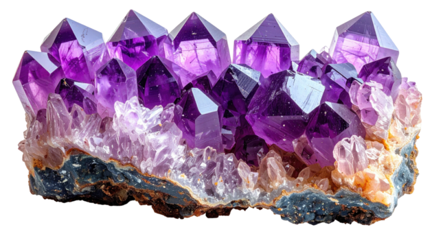 Amethyst cluster with deep purple crystals on a matrix