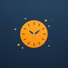 Orange felt clock showing 9 47 with blue hands surrounded by yellow stars on dark blue background