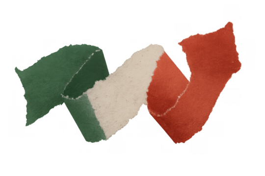 Italian flag ribbon of torn paper creating a patriotic symbol of italy, green white red colors, transparent background