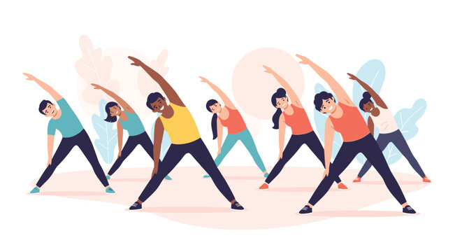 Happy and diverse group of men and women performing side bend stretches in a group fitness class for health and wellness.