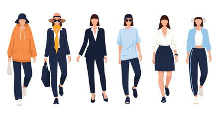 Fototapeta premium Six women showcasing diverse fashion styles, from sporty to formal and casual everyday wear, on a white background.