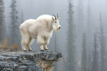 Goat standing on cliff in foggy landscape with tall trees surrounding Generative AI