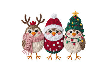 Three adorable knitted birds dressed up for Christmas, a charming holiday illustration Sublimation Design