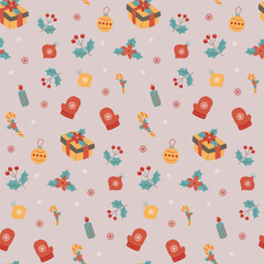 A contemporary seamless pattern featuring an array of classic Christmas icons—gifts, mittens, and holly—in a subtle, muted pastel color scheme.