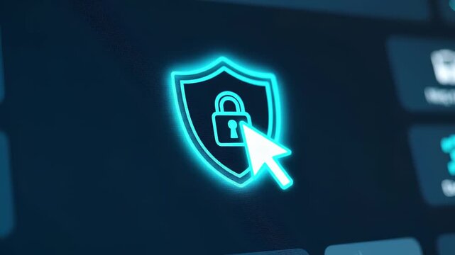 Cybersecurity shield with padlock symbol on digital screen interface. White cursor pointer hovers over blue security emblem for data protection, encryption and online safety. Technology concept