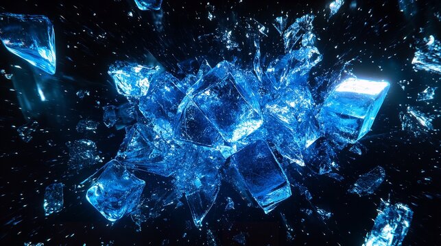 Closeup shot of ice cubes shattering and splashing in slow motion on a dark black background