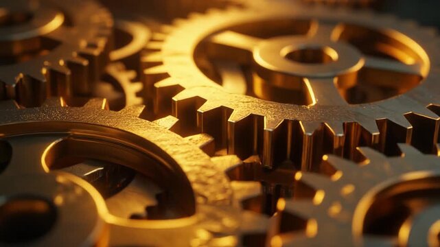 Close-up View of Intricate Golden Gears and Cogs Working in Harmony.