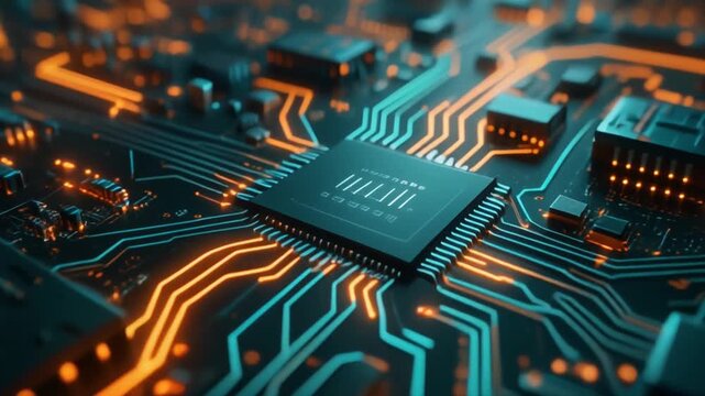 Close up of a computer circuit board with glowing lines and microchips representing advanced technology and digital data flow. - Powered by Adobe