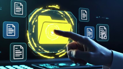 Hand points at glowing yellow folder on digital interface surrounded by document icons. Futuristic file management system for data organization, cloud storage and electronic access. Network technology - Powered by Adobe