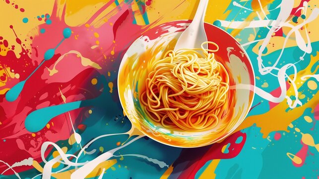 National Noodle Ring Day:Vibrant editorial illustration of noodle ring dish, bold colors and dynamic composition, modern digital painting style, playful food art