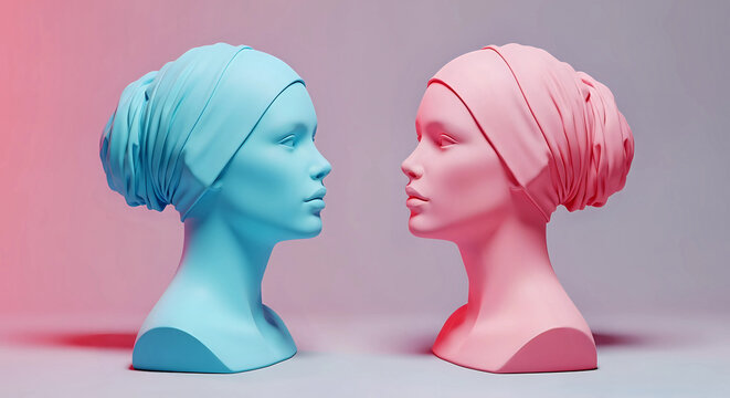 Two abstract mannequin heads, one blue and one pink, facing each other with a gradient background - Powered by Adobe
