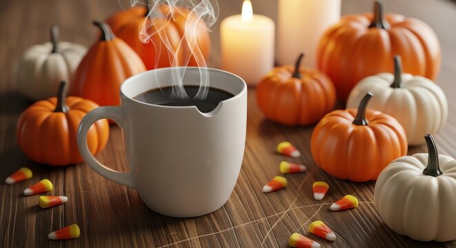Pumpkin decorations and coffee cup on wood surface